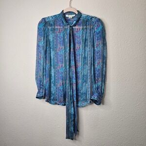 Lynn Michelle Vintage 100% Silk Pussybow Blouse Paisley Blue Purple 10 Womens